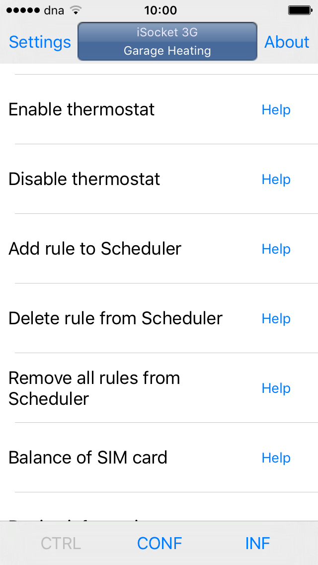 iSocket app thermostat commands on the control tab