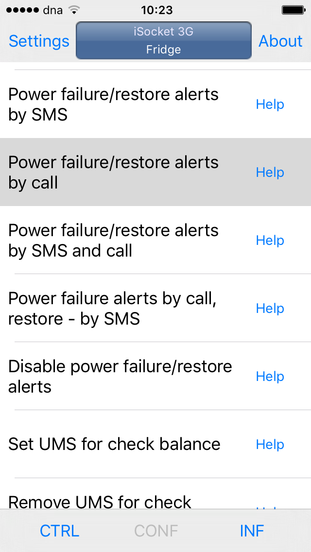 Configuration tab with settings for power outage and power restoration alerting